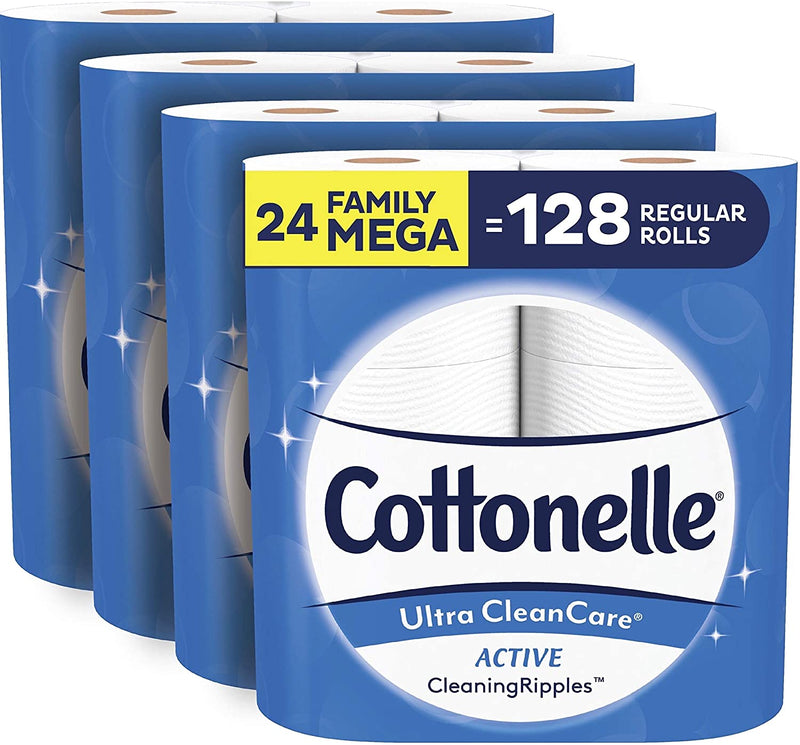 Cottonelle Ultra CleanCare Soft Toilet Paper with Active Cleaning Ripples, 24 Family Mega Rolls, Bath Tissue