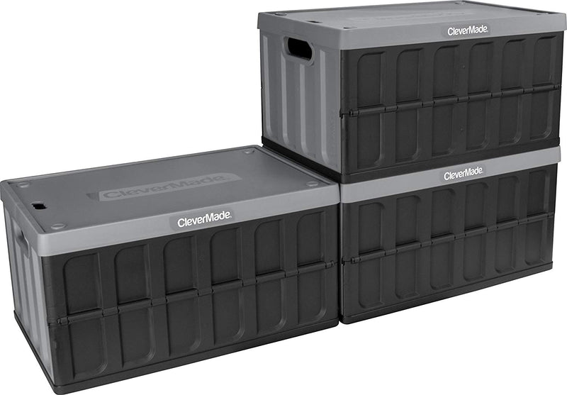 CleverMade 62L Collapsible Storage Bins with Lids - Folding Plastic Stackable Utility Crates, Solid Wall CleverCrates, 3 Pack, Charcoal
