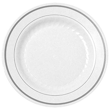 Silver Splendor 10" White/Silver Rim Round Plastic Dinner Plates (120 per case)